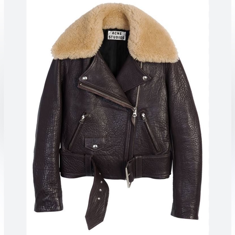 Acne Studios Brown Leather Bike Jacket with Shearling Collar
